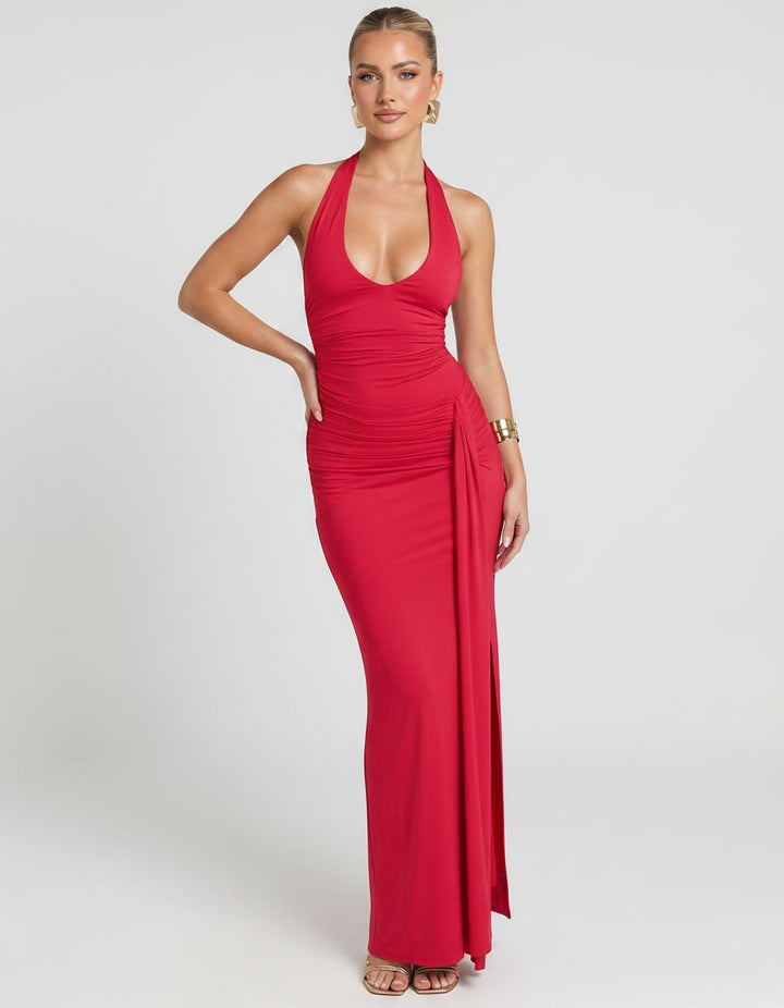 Elegante vestido Solvienne maxi, sin mangas, fruncido, ideal para noche de fiesta.