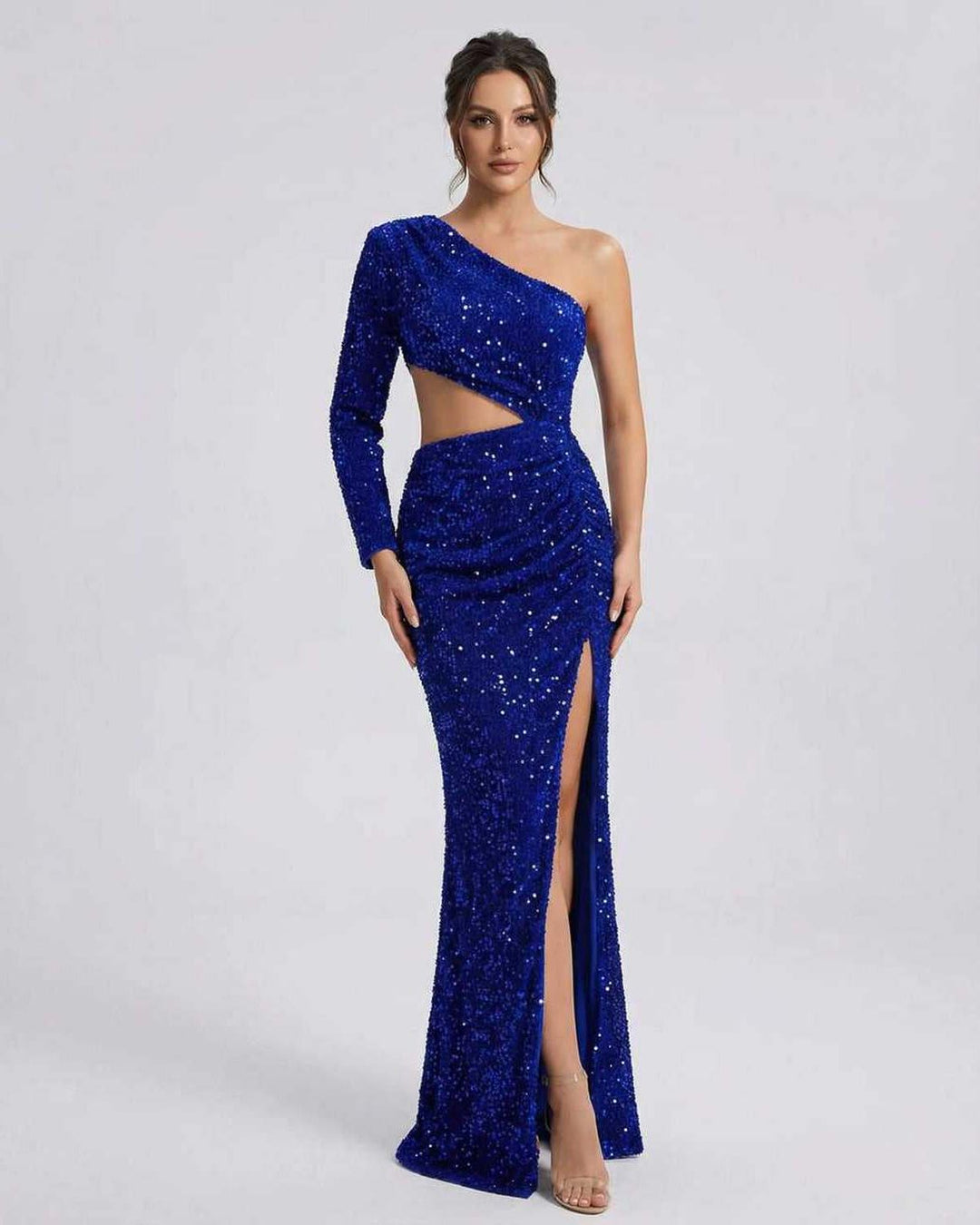 Vestido maxi azul celeste elegante para mujer. Perfecto para fiesta, noche y eventos formales. Estilo un hombro glamuroso.