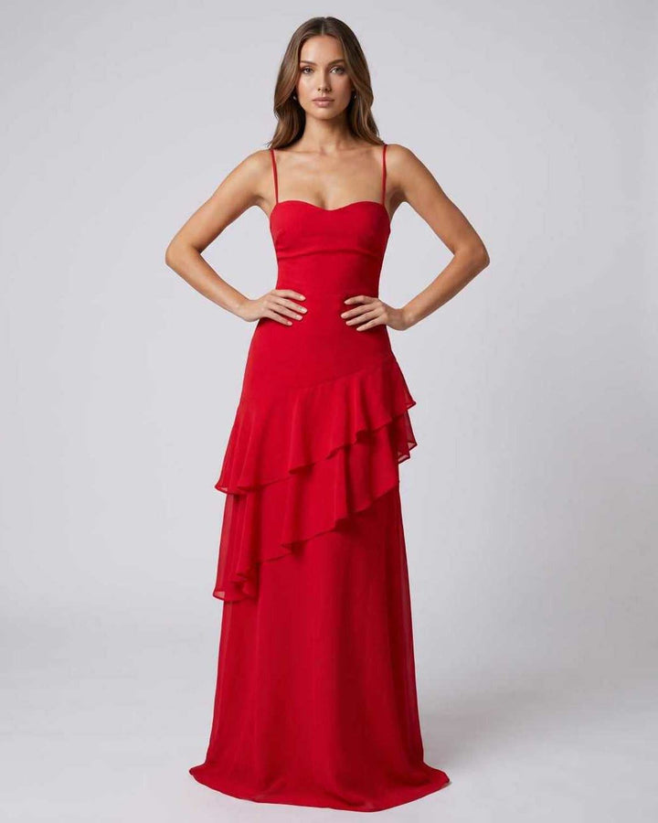 Vestido maxi de noche elegante para mujer, con volantes fluidos y escote V. Ideal para fiestas y eventos.