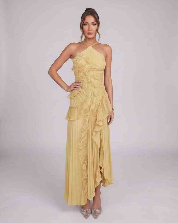Vestido de moda verano, maxi asimétrico para mujer, cuello halter, estilo fluido y elegante.