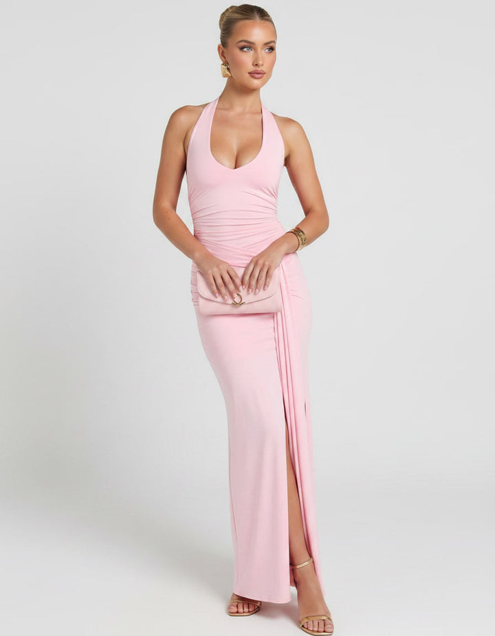 Vestido de noche Solvienne, maxi, sin mangas, con escote V y espalda abierta.