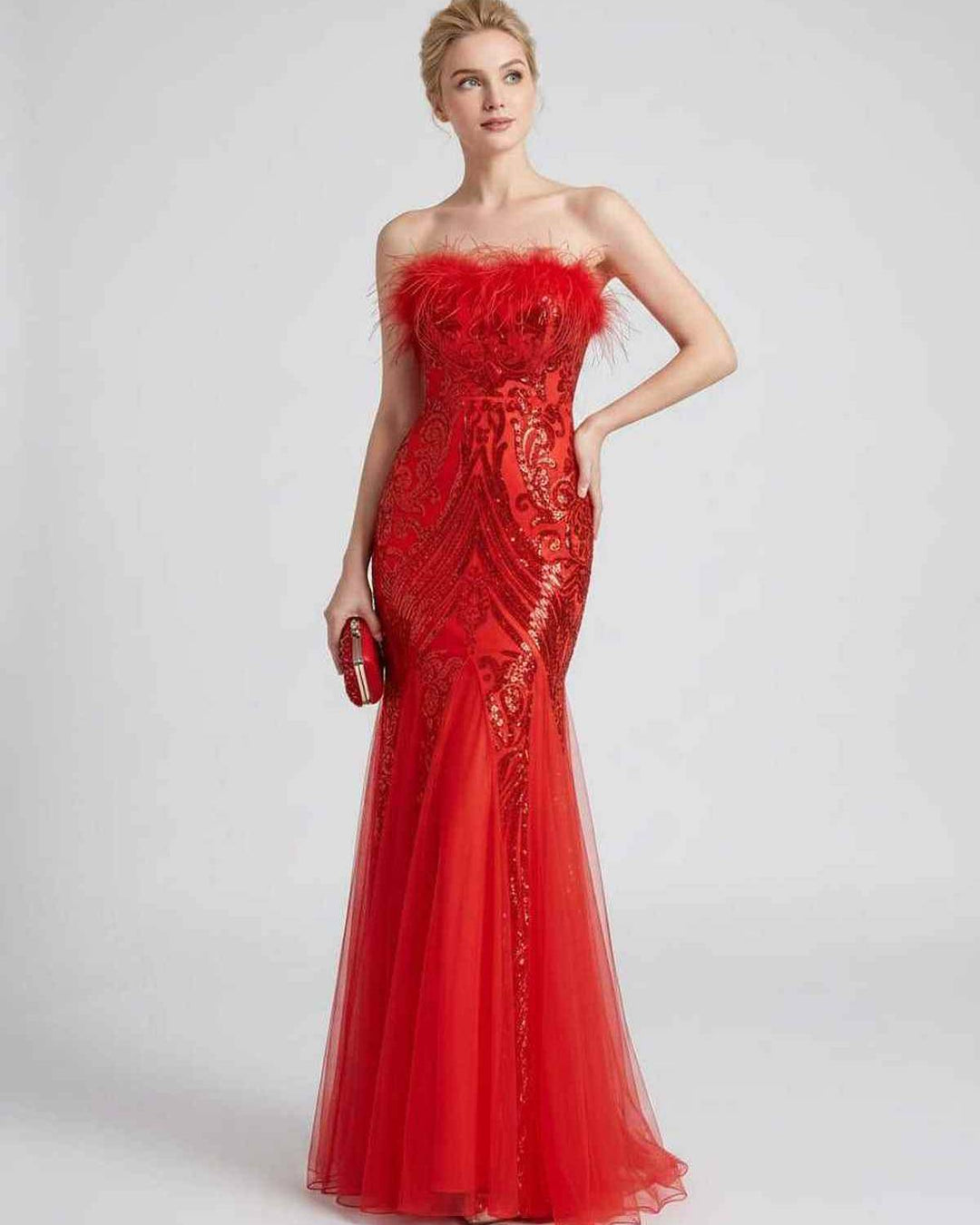 Vestido de fiesta para mujer, con lentejuelas vibrantes y plumas sutiles. Novedad.