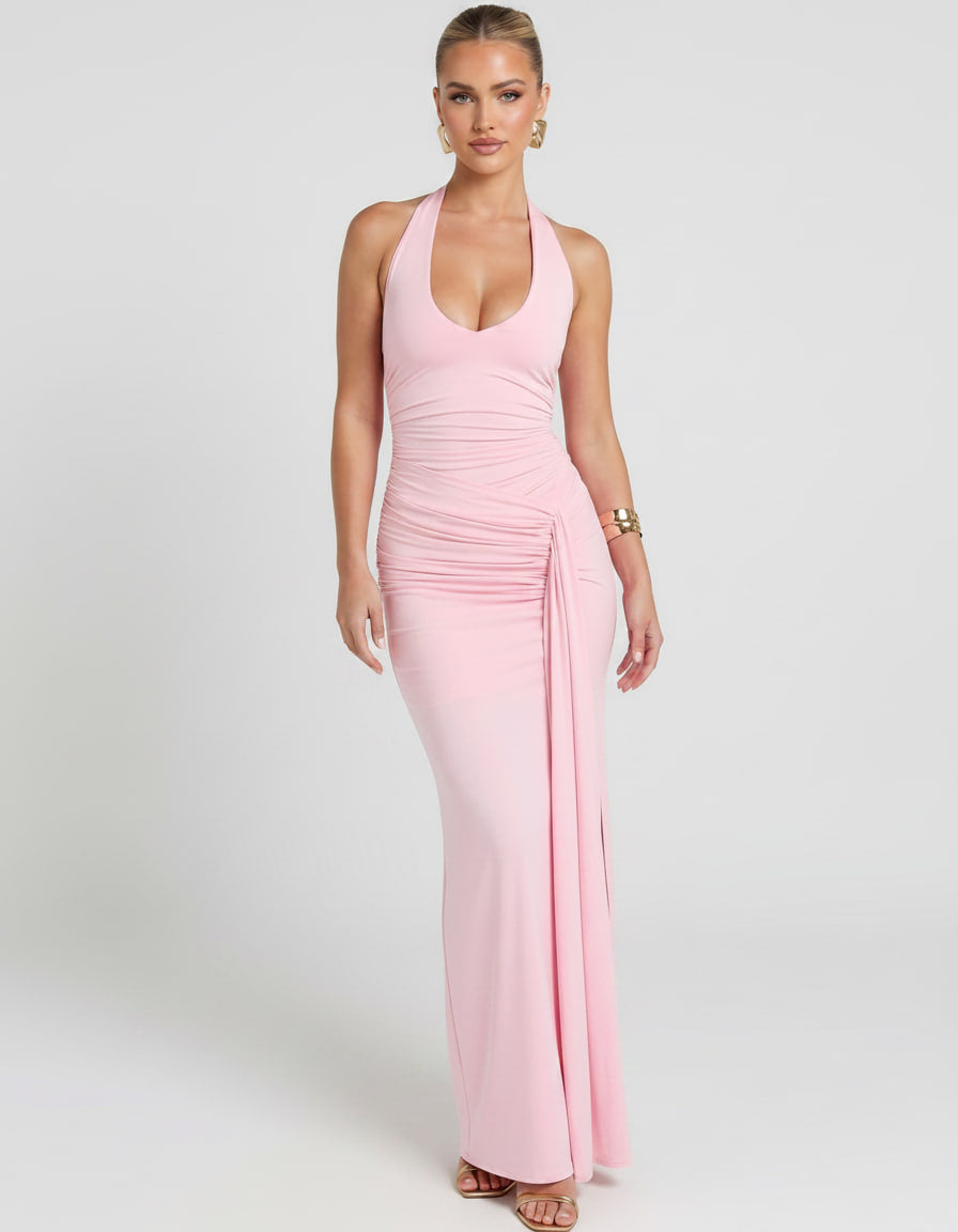 Vestido maxi fruncido con espalda abierta, sin mangas, ideal para verano y vacaciones.