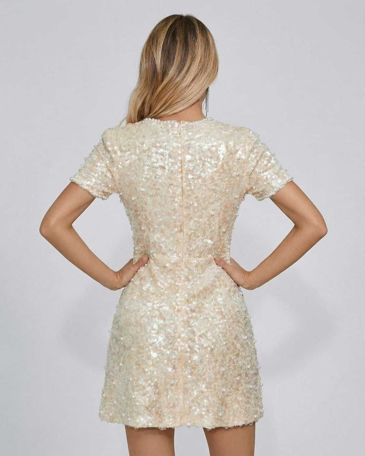 Mini vestido de cóctel con lentejuelas y perlas, ideal para eventos de noche y ocasiones especiales.