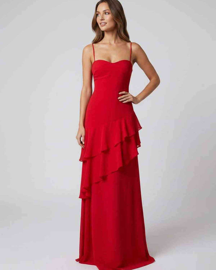 Vestido largo de fiesta con volantes y escote V para mujer. Diseño sin espalda, ajustado y glamuroso.