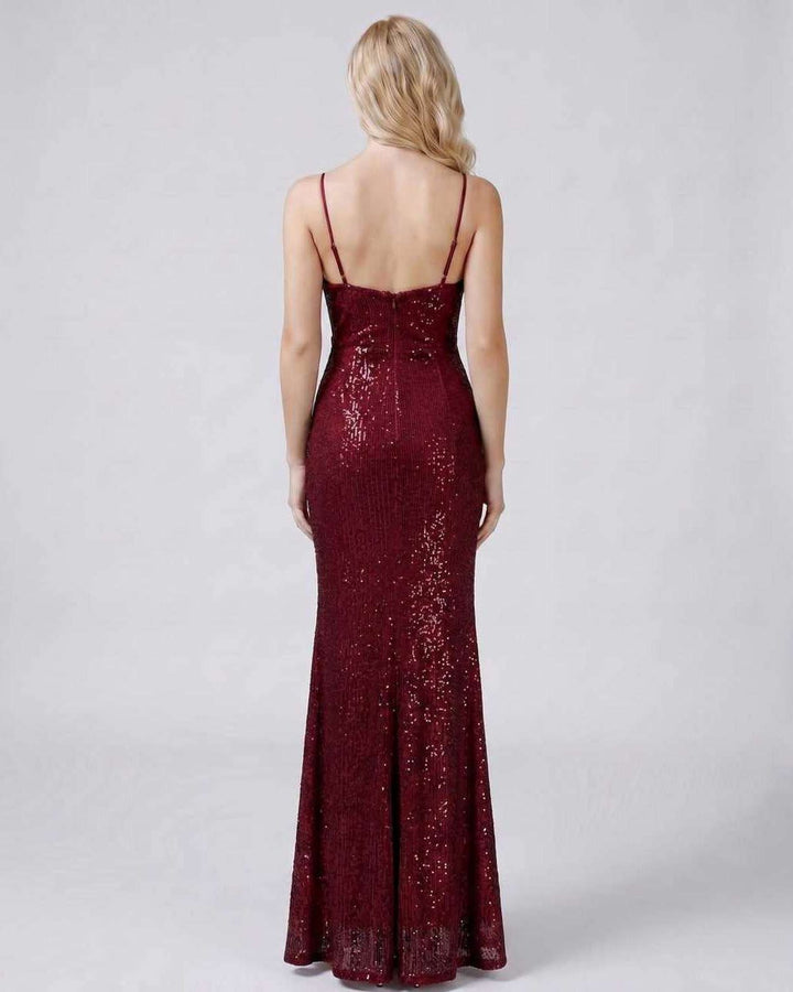 Deslumbrante vestido de noche con lentejuelas, cuello V, silueta sirena.