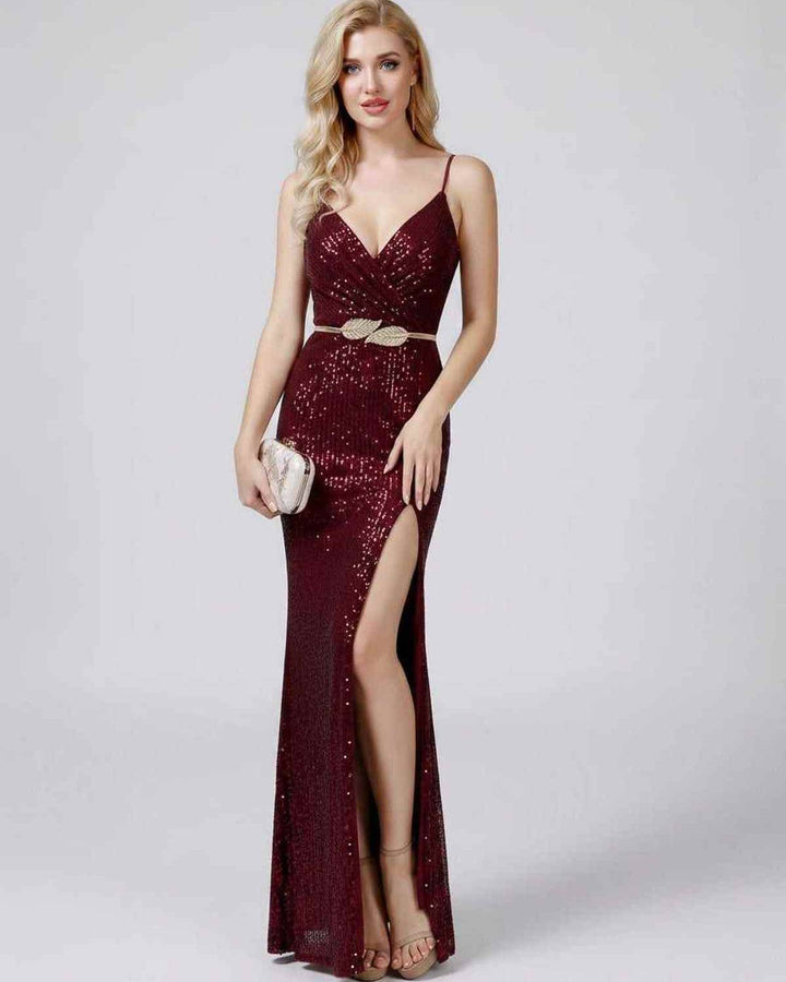 Vestido maxi elegante con lentejuelas, cuello V, para fiesta nocturna.