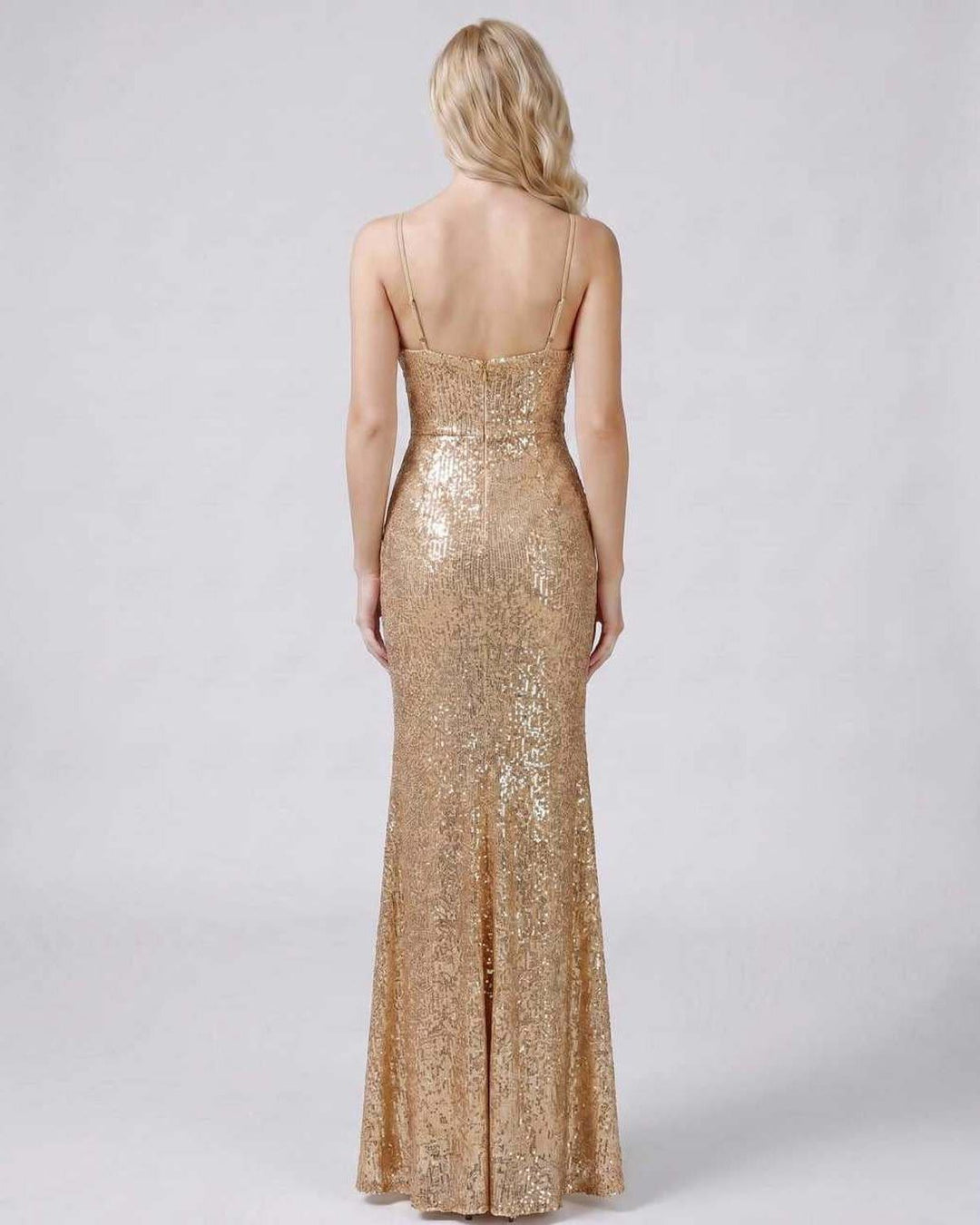 Vestido de fiesta con silueta sirena, lentejuelas, cuello V, sin mangas.