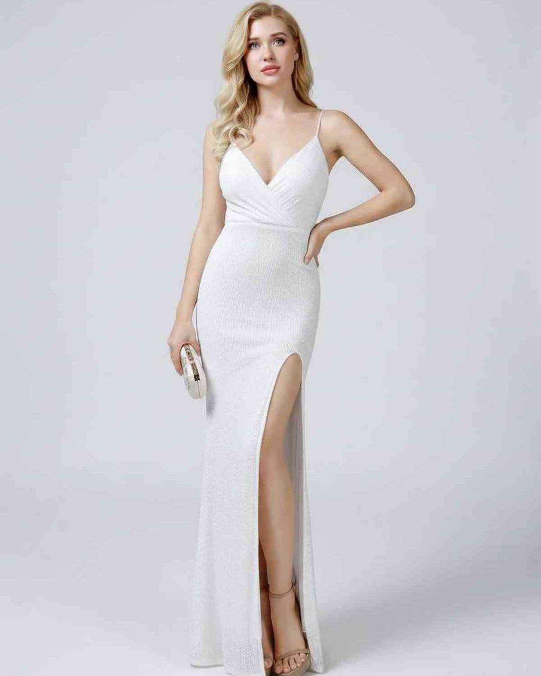 Maxi vestido elegante para invitada de boda, lentejuelas, sin mangas.
