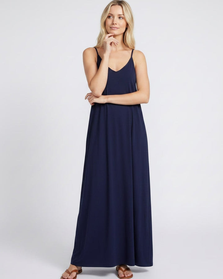 Elegante vestido de verano con escote V, sin mangas y bolsillos, estilo maxi para mujer.