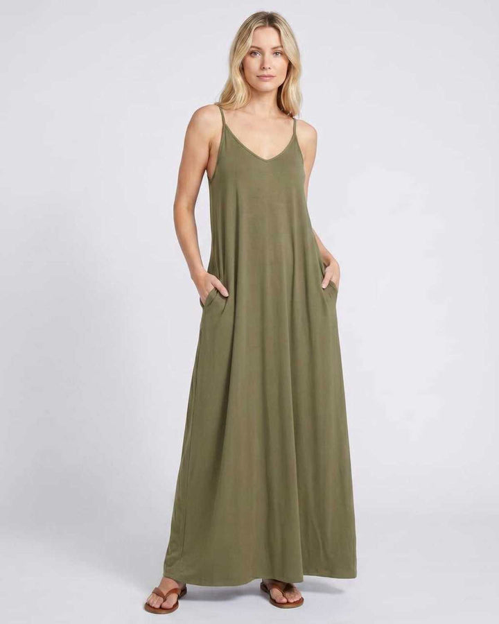 Vestido de playa, estilo maxi con escote en V, bolsillos y tejido ligero para mujer.
