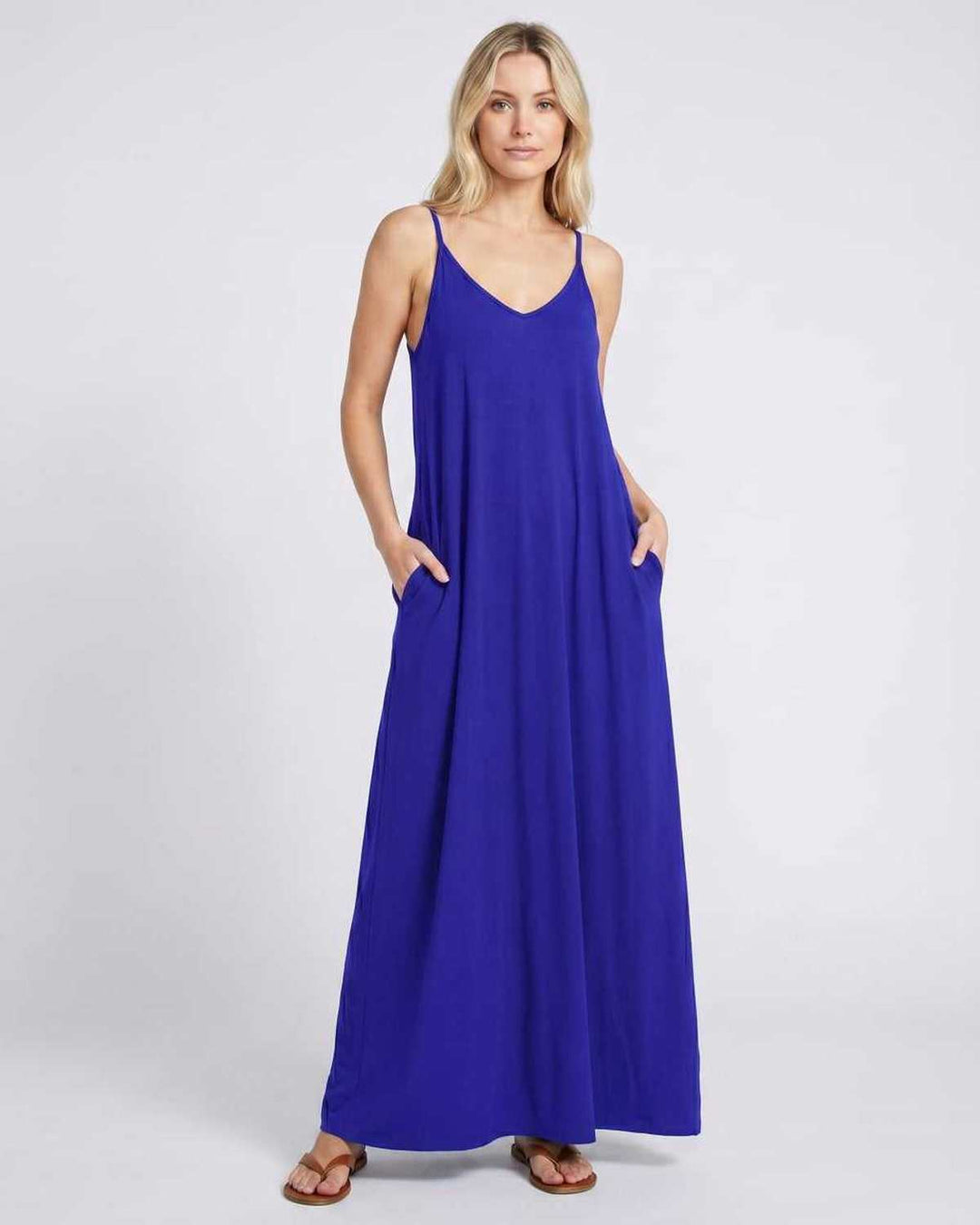 Ropa de playa: vestido maxi con escote V, bolsillos, ligero y cómodo para mujer.