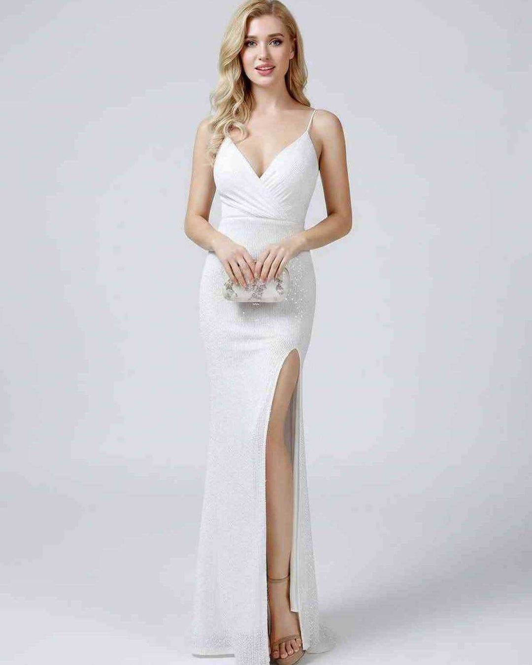 Vestido de noche mujer, lentejuelas brillantes, cuello en V, estilo sirena.