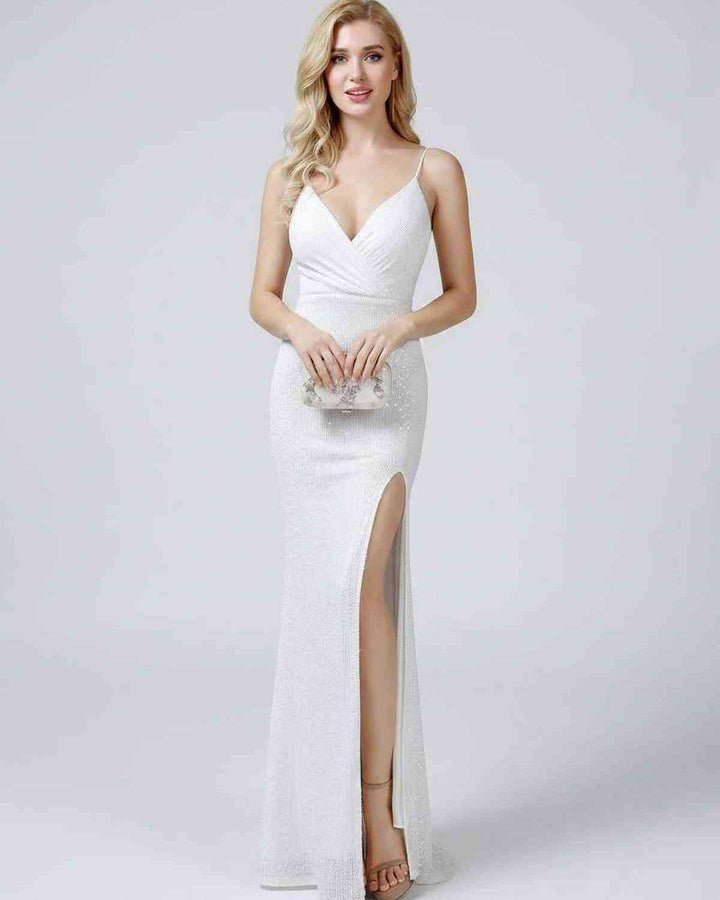 Vestido de noche mujer, lentejuelas brillantes, cuello en V, estilo sirena.