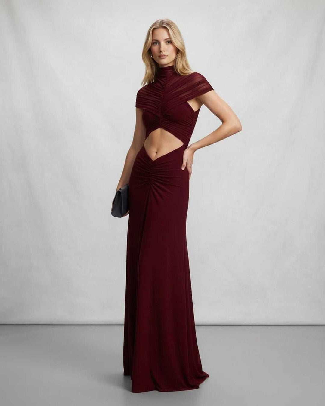 Vestido de noche maxi para mujer, con cuello alto y detalle de corte en la cintura, estilo elegante.
