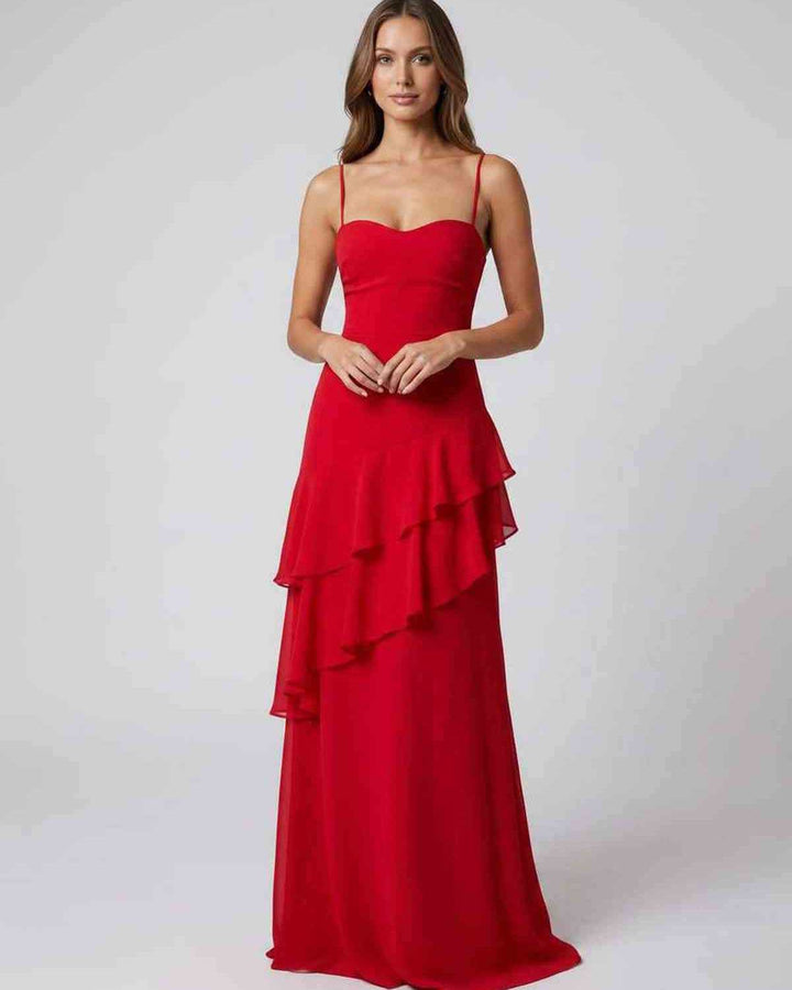 Vestido de fiesta mujer, maxi, con volantes, escote V y espalda descubierta. Ideal para eventos de verano.