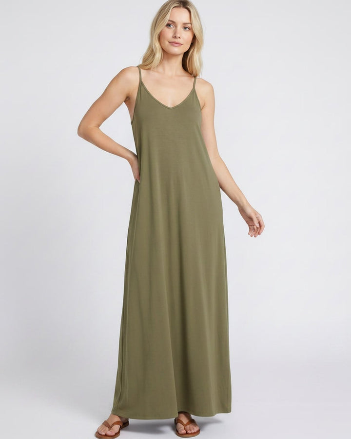 Vestido casual elegante, maxi, escote V, sin mangas y bolsillos, para verano.