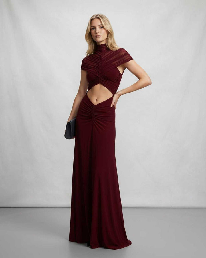 Vestido de verano elegante maxi, perfecto para eventos especiales, con cuello alto y corte en la cintura.