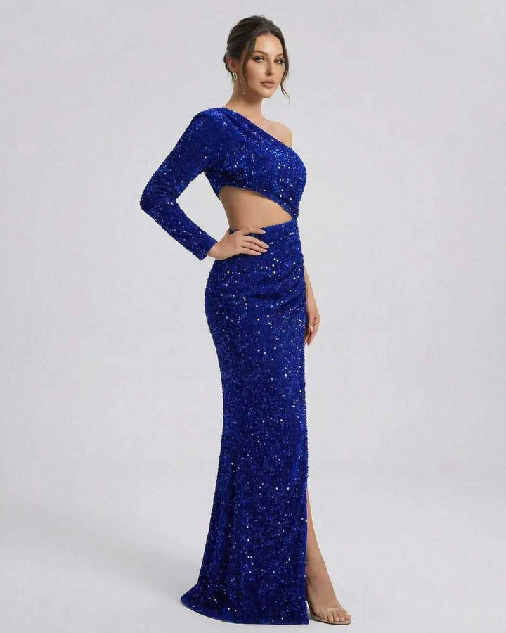 Vestido maxi azul celeste deslumbrante para fiesta. Estilo un hombro glamuroso, perfecto para eventos formales y noche.