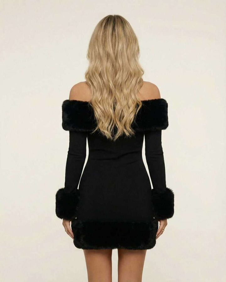Vestido corto off-shoulder chic para mujer. Silueta ajustada, ideal para celebración y moda de otoño.
