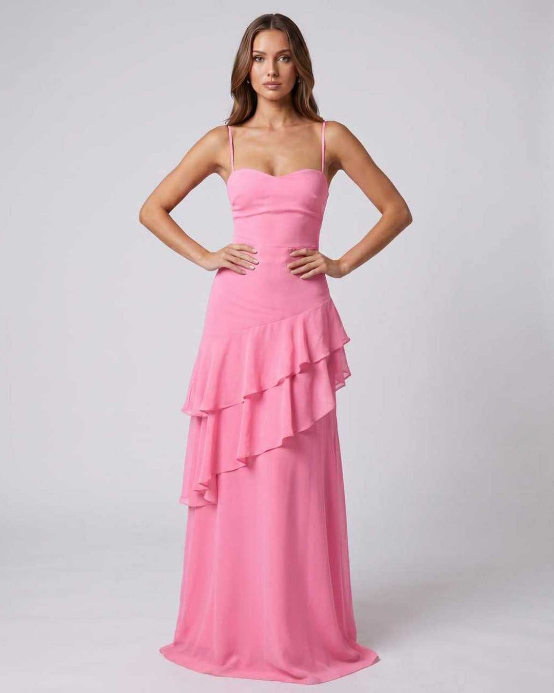 Vestido largo de noche para mujer, con volantes, escote V y estilo ajustado. Perfecto para fiestas y galas.