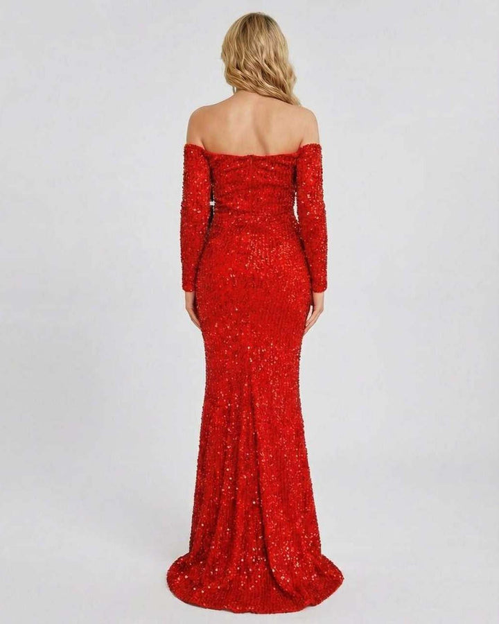 Vestido largo de noche con lentejuelas, corte A y escote Bardot, ideal para ocasiones especiales.