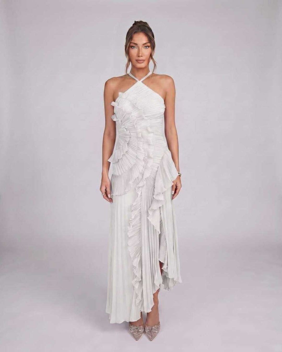 Ropa elegante: Vestido maxi asimétrico sin mangas para mujer, ideal para fiesta y eventos.