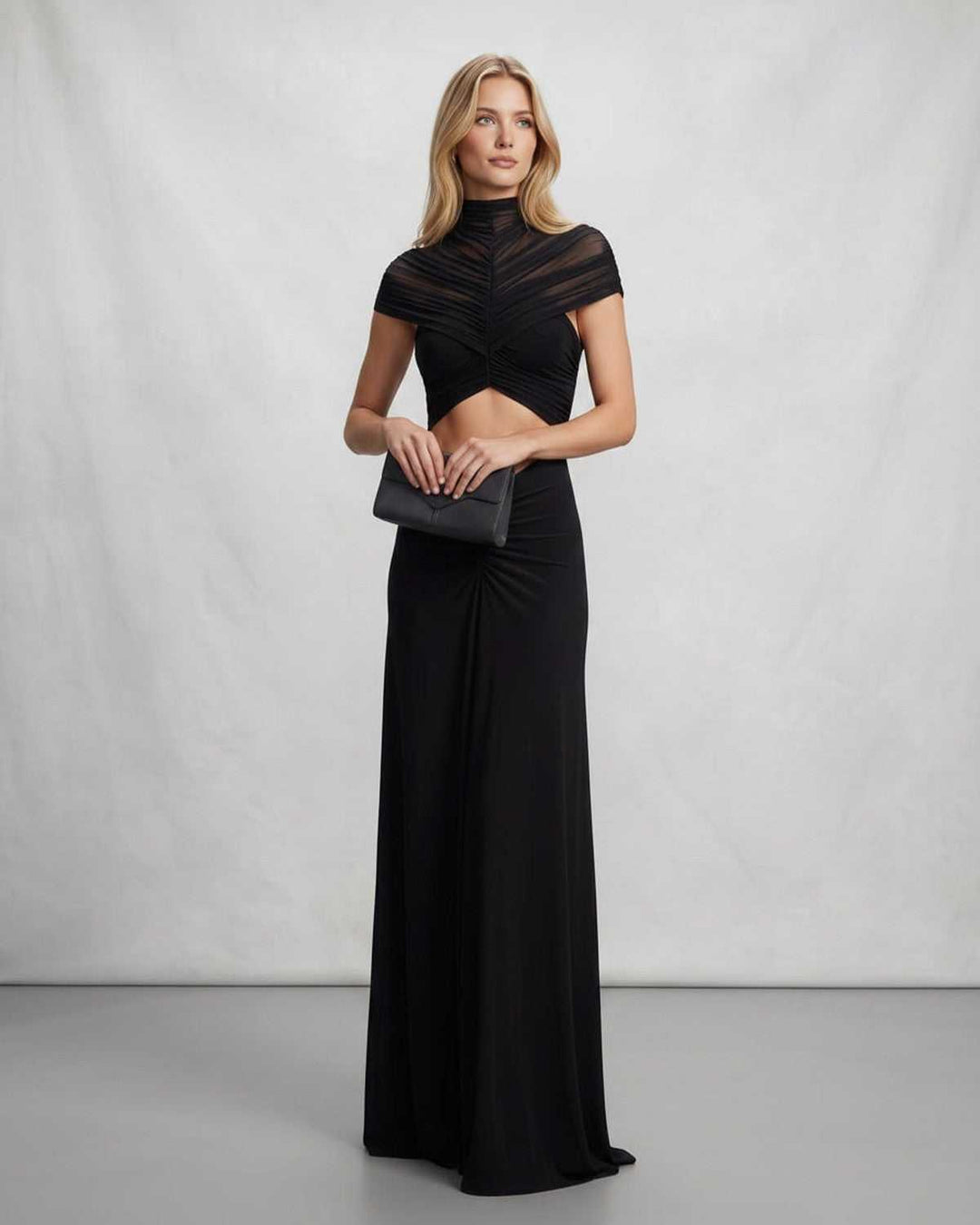 Vestido maxi de fiesta elegante para mujer, cuello alto, corte en cintura; perfecto para noche y eventos.