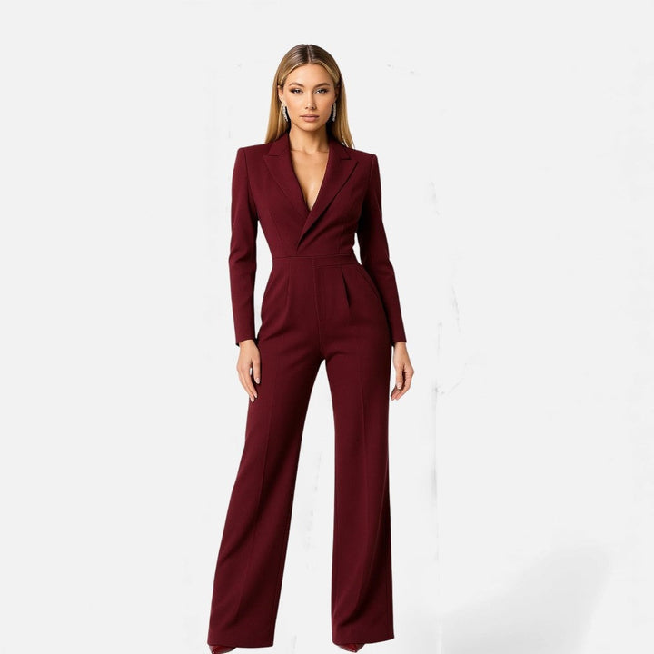 Mono largo elegante para mujer con escote V y manga larga. Ideal para fiestas y eventos formales.