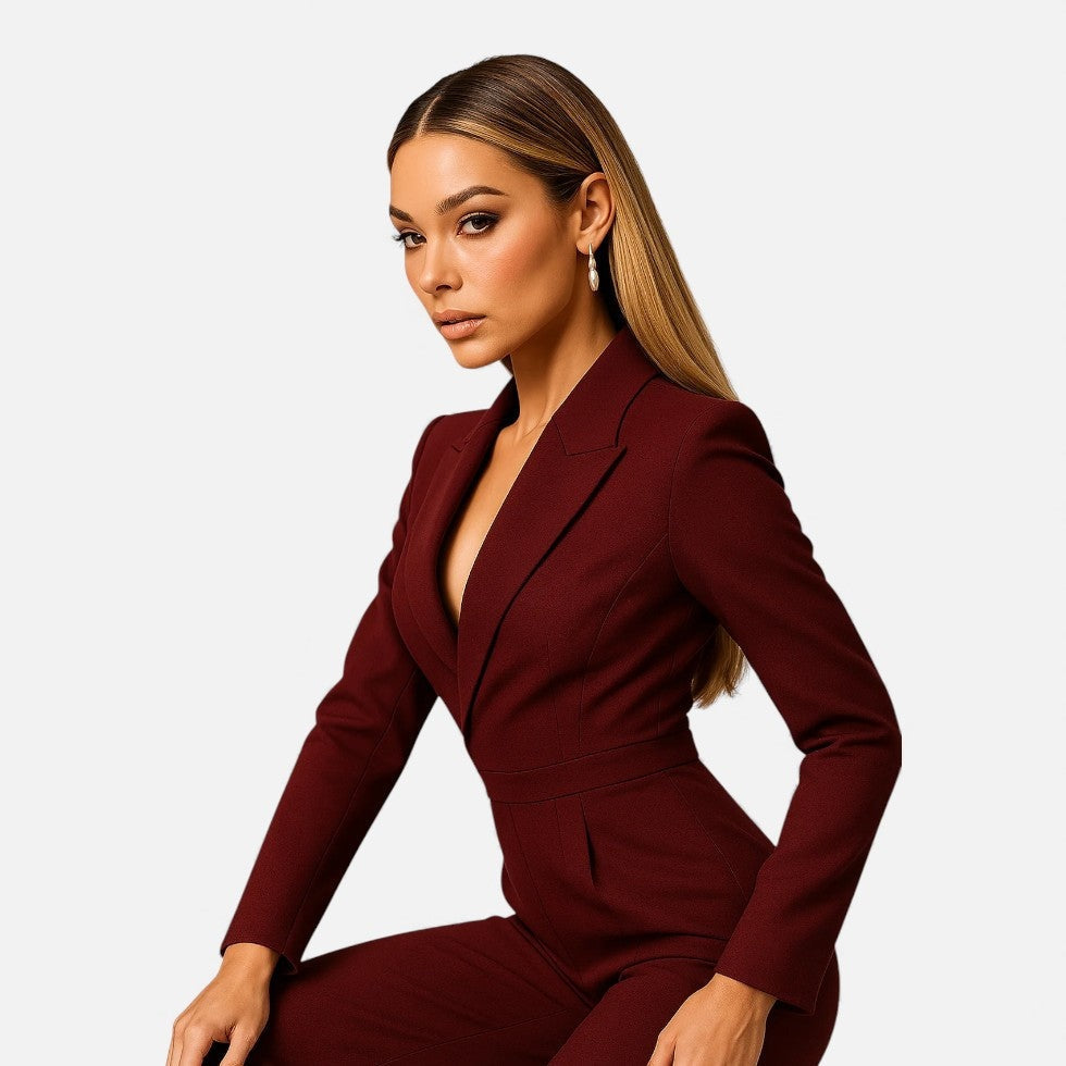 Mono de mujer elegante, escote V profundo y manga larga. Perfecto para ocasiones formales y cenas.