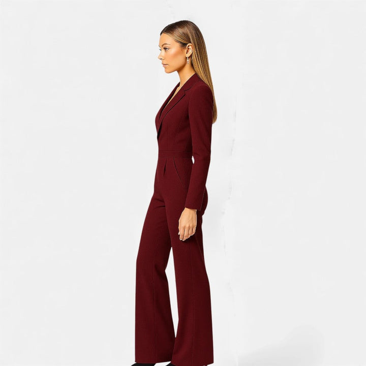 Mono palazzo elegante de mujer con escote V y manga larga. Ideal para oficina, fiestas y eventos.