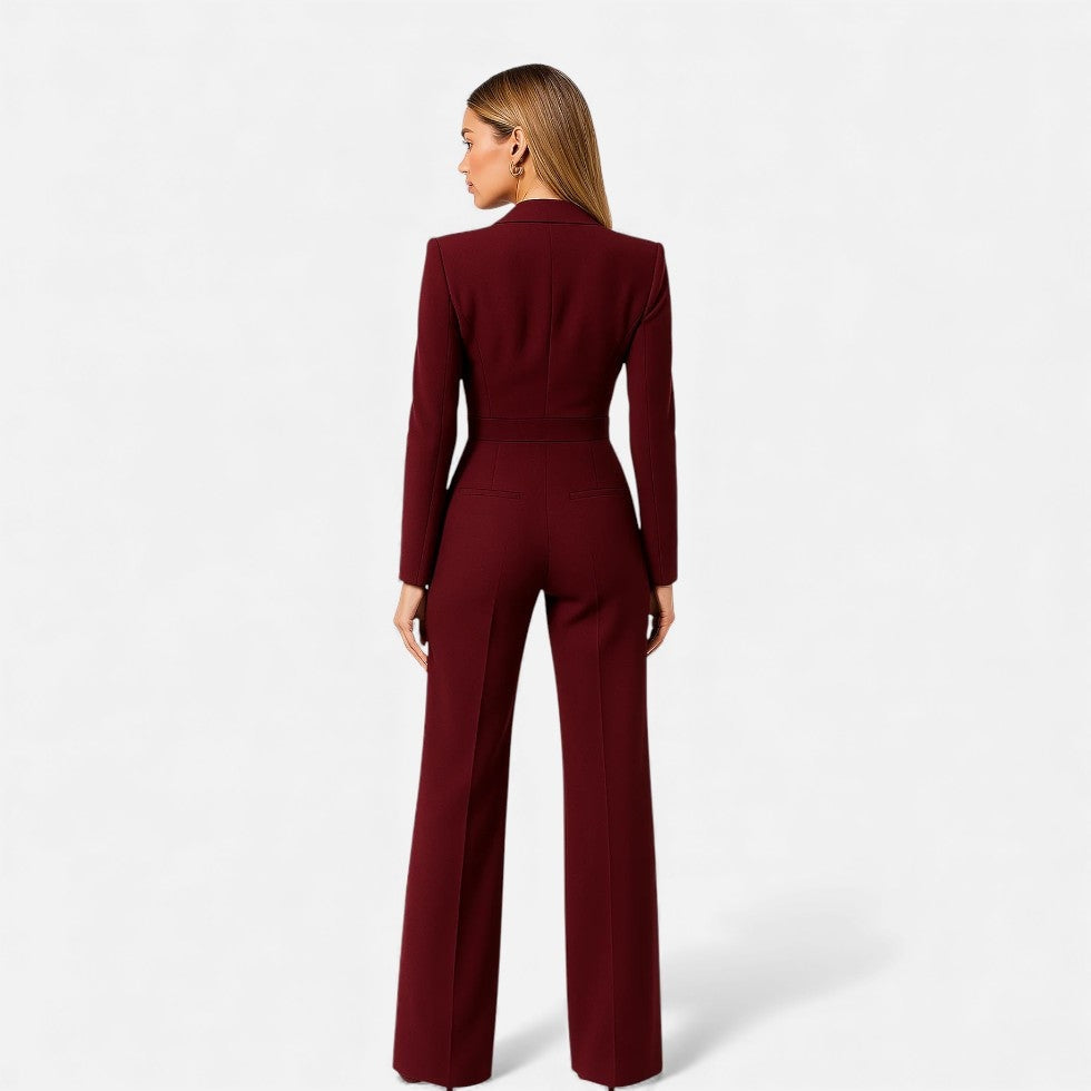 Mono de fiesta elegante para mujer, escote V y manga larga. Atuendo formal perfecto para cualquier celebración.