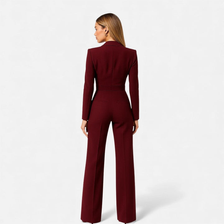 Mono de fiesta elegante para mujer, escote V y manga larga. Atuendo formal perfecto para cualquier celebración.