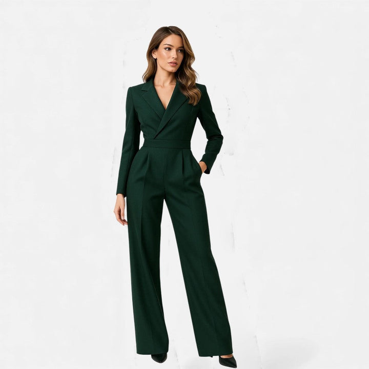 Mono formal de mujer con escote V y manga larga. Estilo versátil para oficina, eventos o bodas.