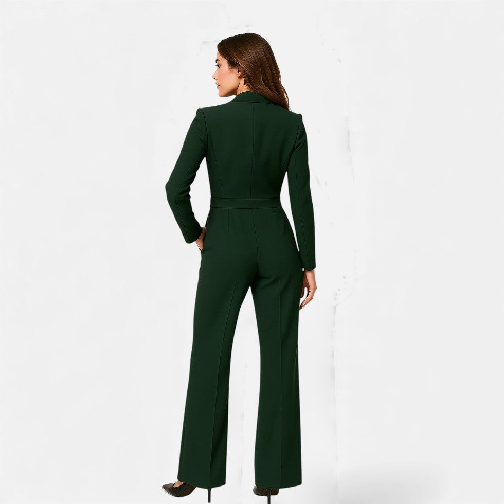 Mono largo elegante mujer, atrevido escote V, manga larga. Perfecto para lucir sofisticada en fiestas.