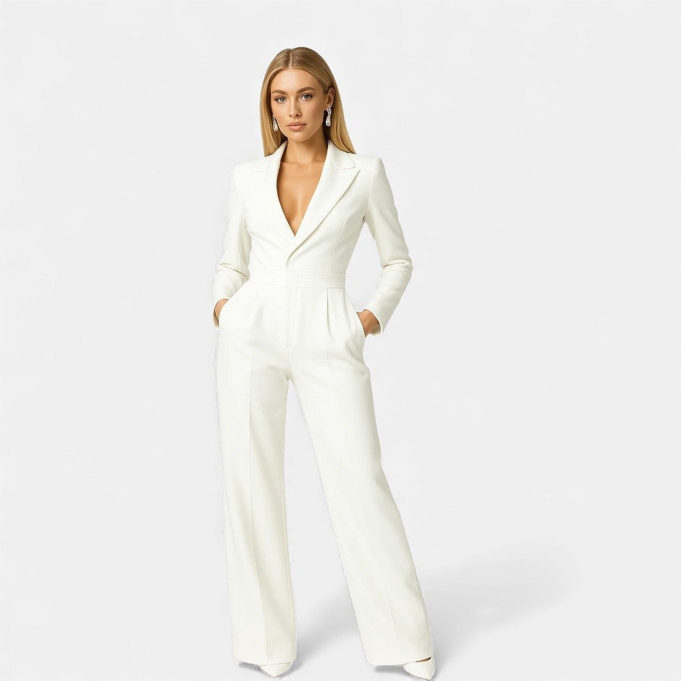 Mono de mujer elegante con manga larga y escote V. Ideal para eventos formales, graduaciones y fiestas.