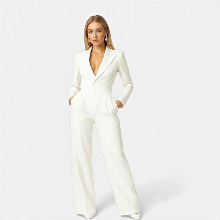 Mono de mujer elegante con manga larga y escote V. Ideal para eventos formales, graduaciones y fiestas.