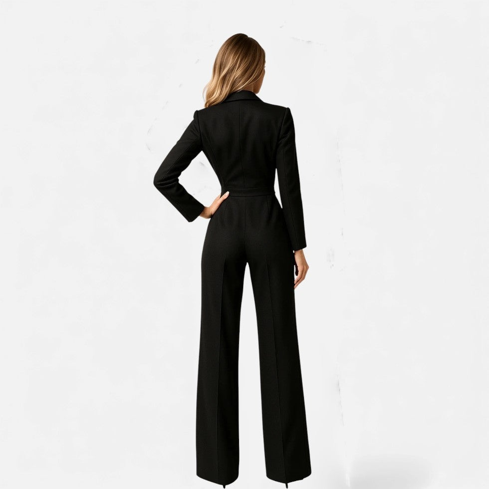 Mono elegante mujer, diseño palazzo, escote V y manga larga. Estilo moderno para eventos y celebraciones.