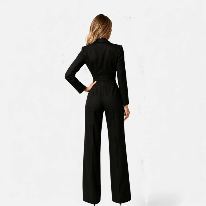 Mono elegante mujer, diseño palazzo, escote V y manga larga. Estilo moderno para eventos y celebraciones.