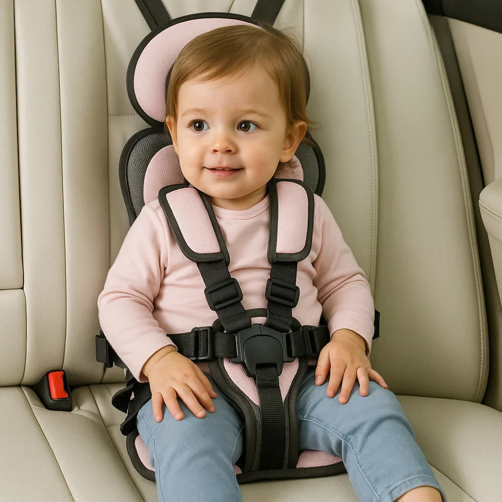 Niño sonriente en silla de coche portátil, experimentando máxima seguridad y confort en cada trayecto familiar.