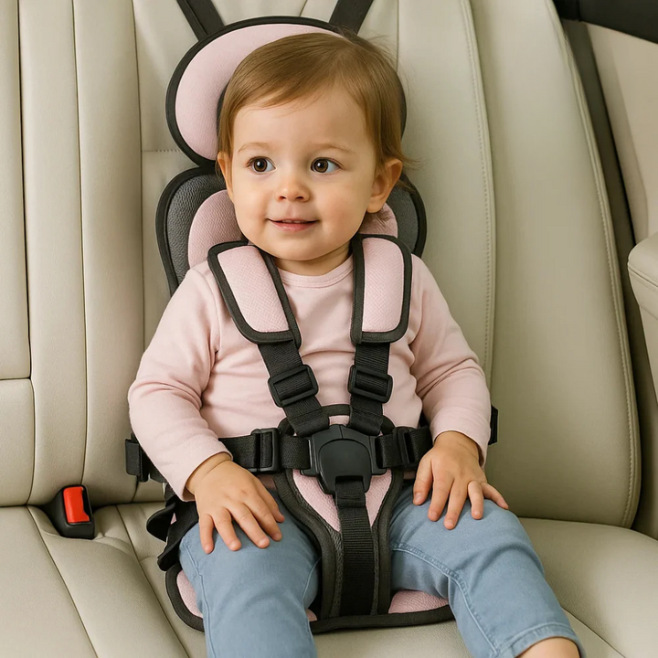 Niño sonriente en silla de coche portátil, experimentando máxima seguridad y confort en cada trayecto familiar.
