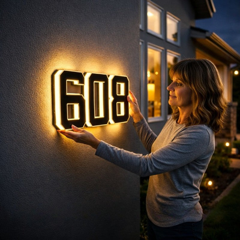 Placa solar número casa, luz LED exterior, montaje pared, hogar moderno.