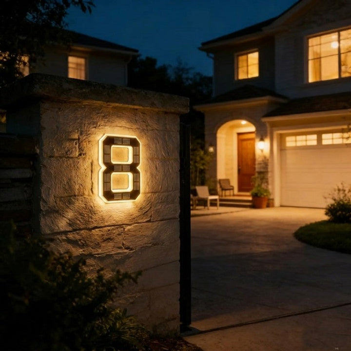 Iluminación número casa exterior, con luz solar LED, fácil instalación, moderno.