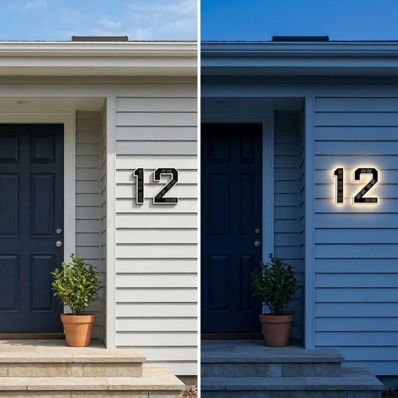 Señalización número casa iluminada, luz LED exterior solar, visibilidad.