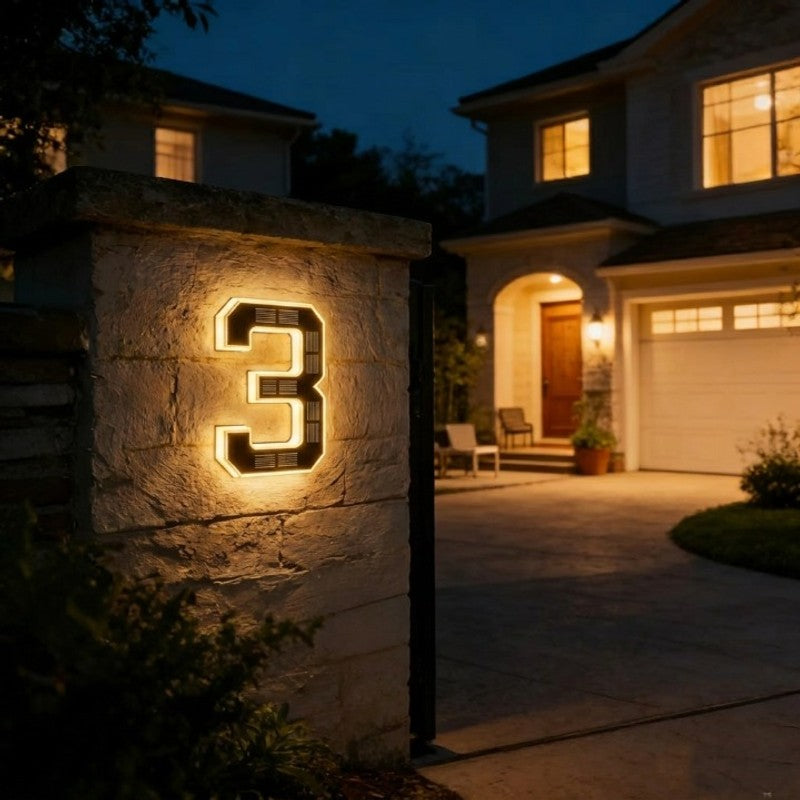Número de casa moderno, iluminación LED solar, mejora visibilidad nocturna.