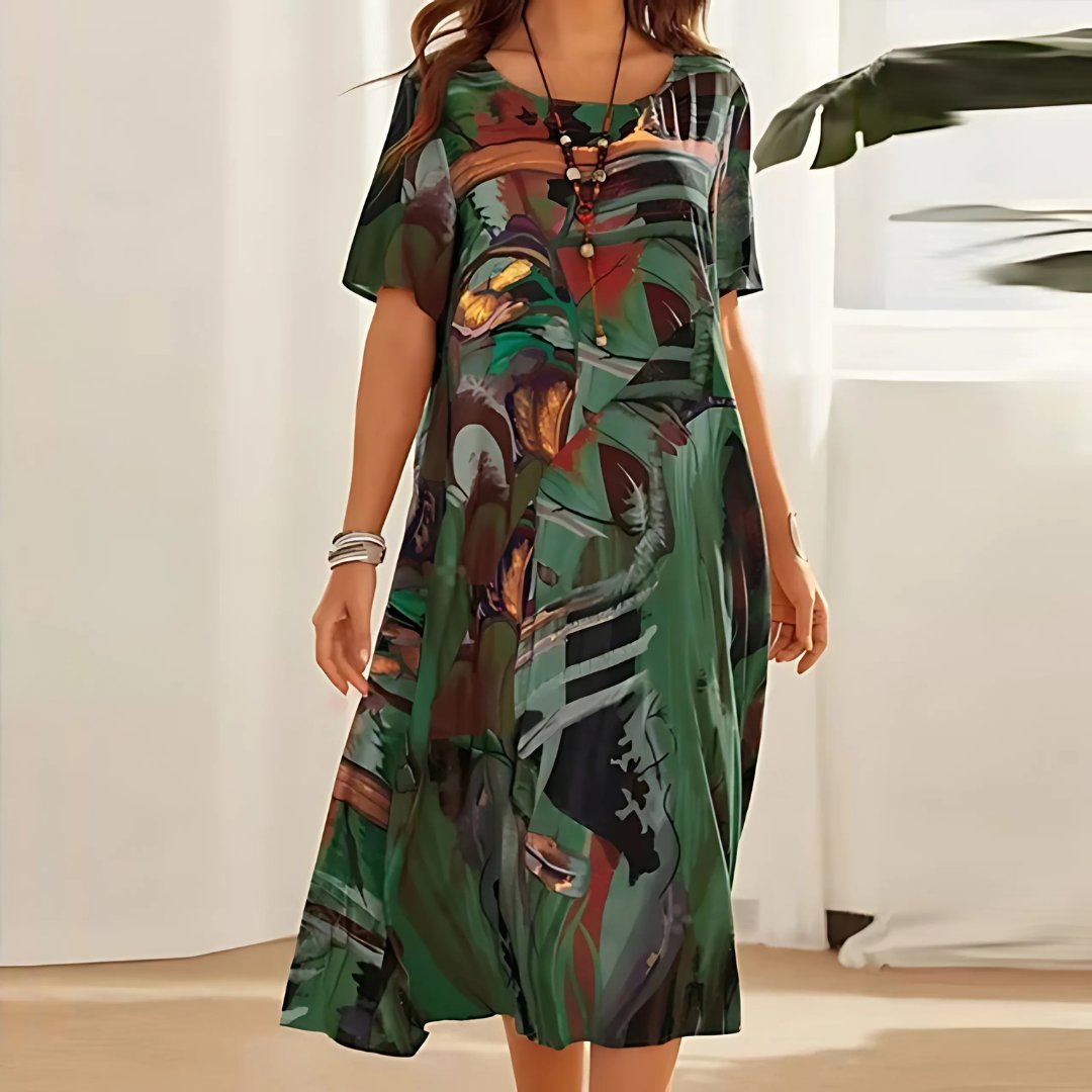 Ropa mujer: Vestido casual talla grande con estampado abstracto moderno. Diseño fluido y elegante para el verano.