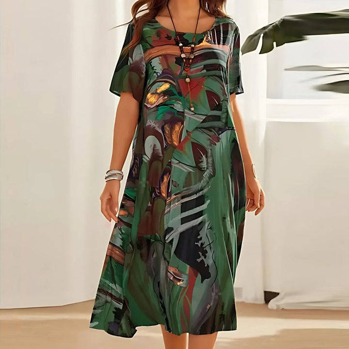 Ropa mujer: Vestido casual talla grande con estampado abstracto moderno. Diseño fluido y elegante para el verano.