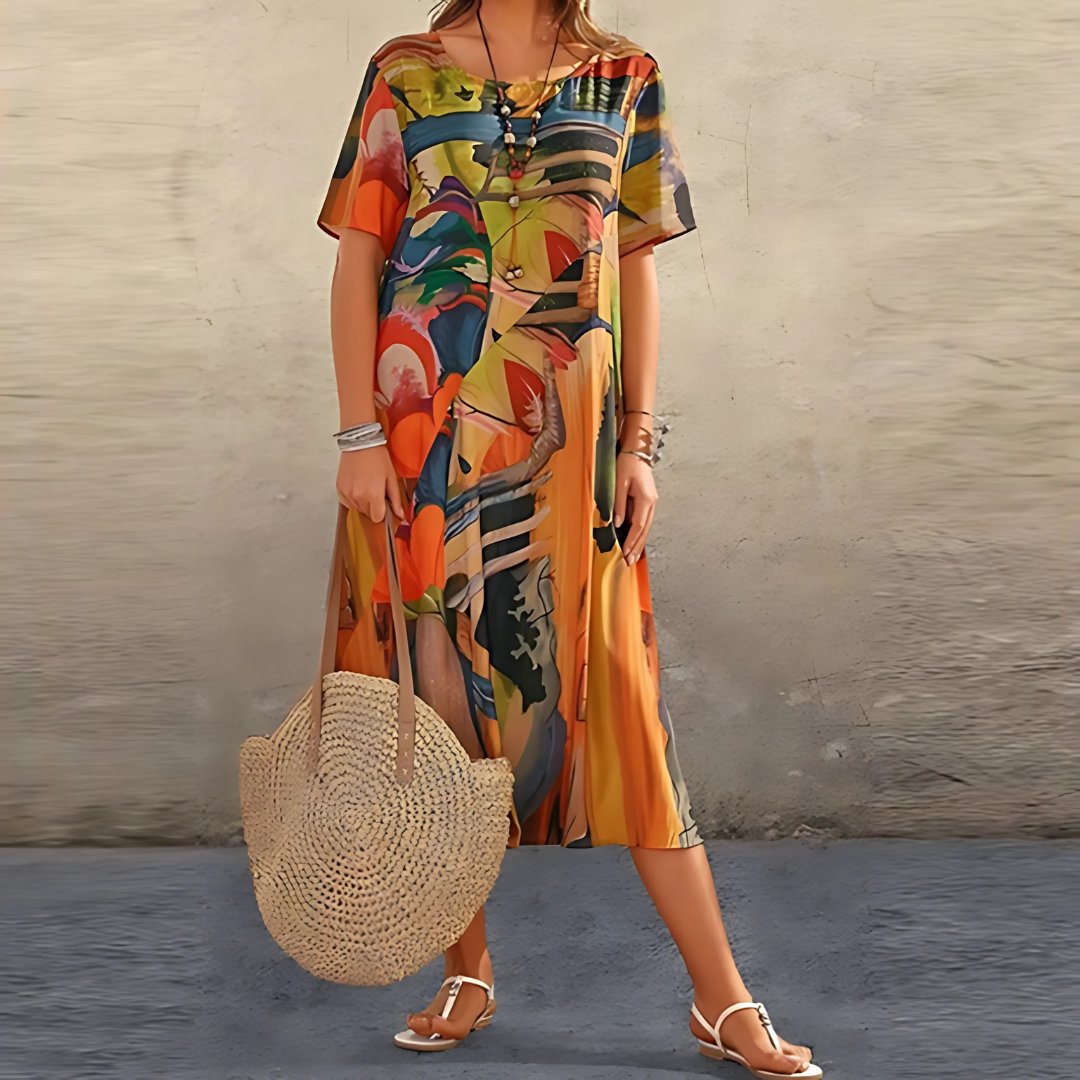 Vestido largo de mujer talla grande con estampado abstracto y mangas cortas. Estilo casual, fluido y fresco para el día.