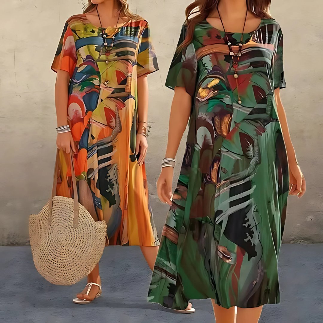 Estilo veraniego: Vestido fluido talla grande con estampado abstracto. Mangas cortas y máxima comodidad para mujer.