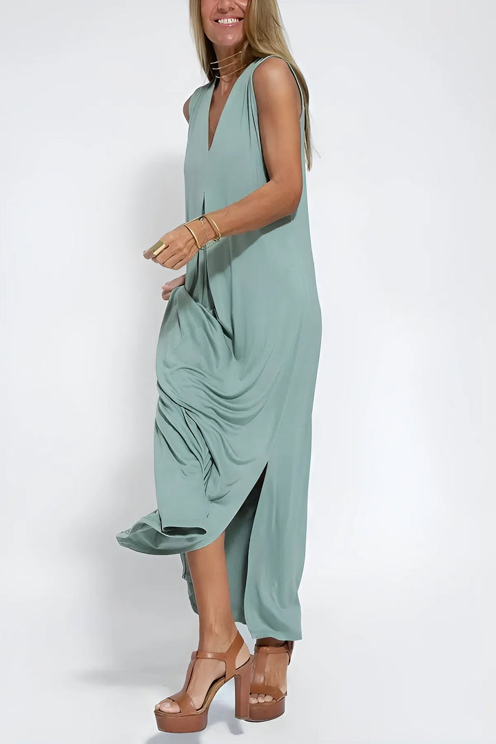 Vestido de verano fresco y cómodo, sin mangas, con escote V, para mujeres de talla grande, estilo maxi.
